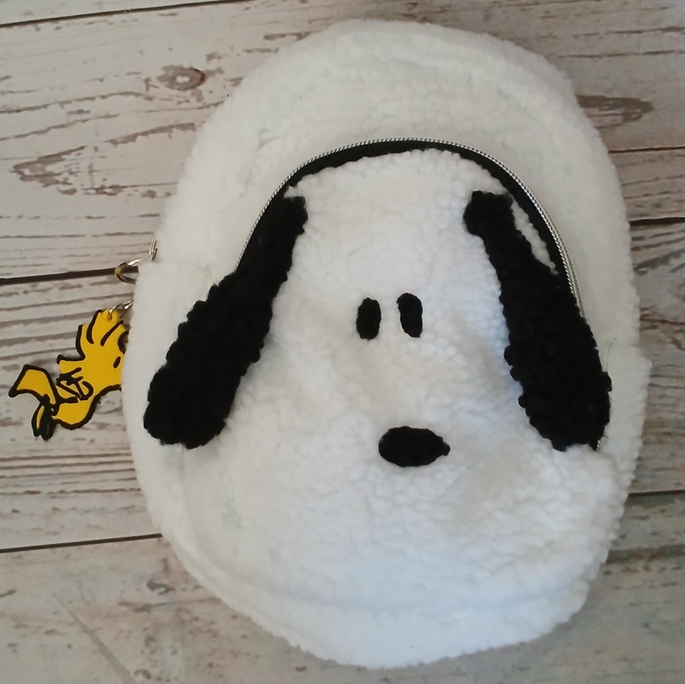 Snoopy X Justice fuzzy Snoopy dog mini backpack white and black